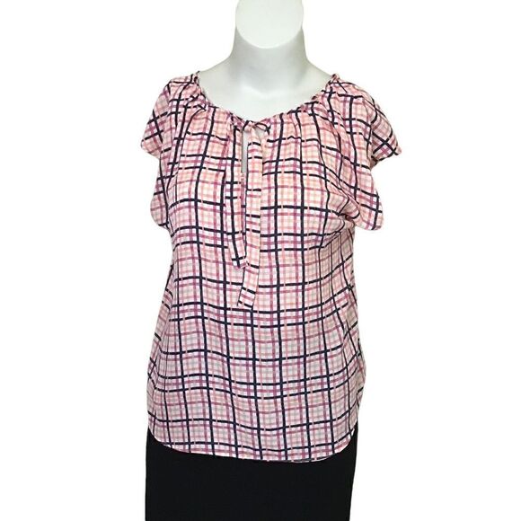 Stripes and checkers colorful printed cap sleeve blouse size large - Picture 2 of 4